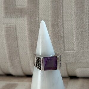 Vintage Sterling Silver Amethyst Marcasite Statement Ring Size 7